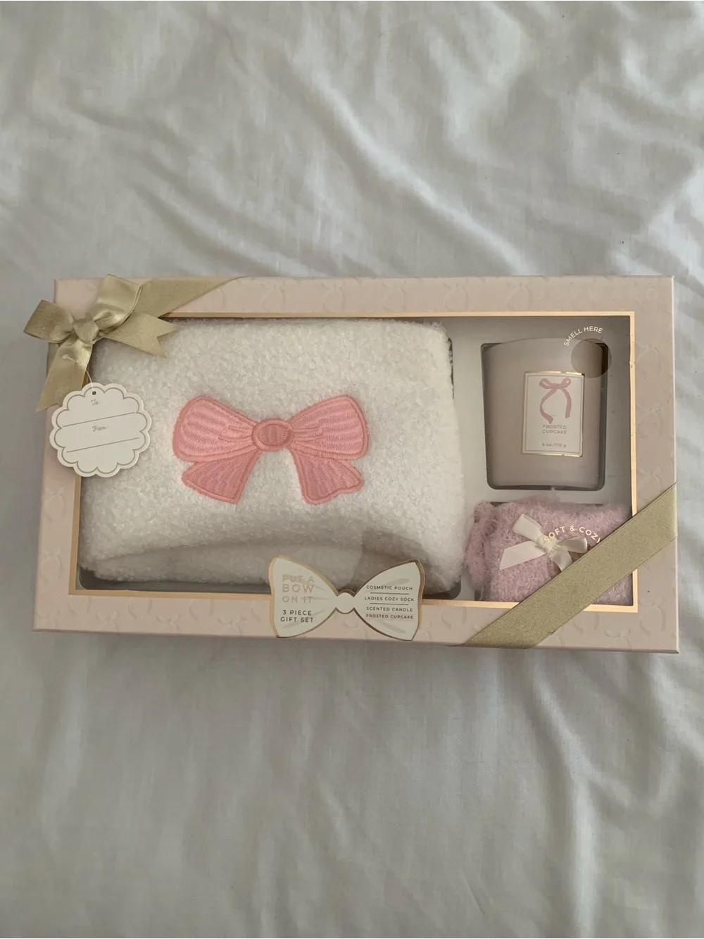 Joyward Put A Bow On It 3-Piece Gift Set Coquette Pink Sherpa Bow Pouch Sock NIB